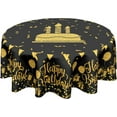 thumbnail image 1 of Happy Birthday Round Tablecloth 60 Inch Black Gold Birthday Cake Flags Ribbon Balloons Gifts Decorative Table Cloth Polyester Table Cover for Birthday Party Kitchen Dining Room Outdoor Home Decor, 1 of 6