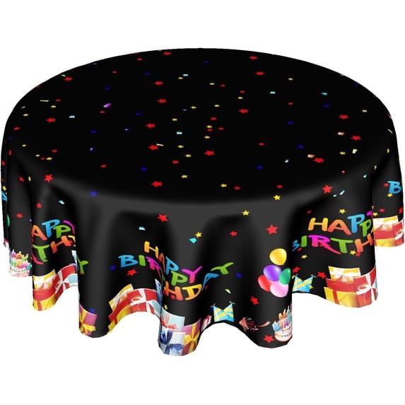 Happy Birthday Round Tablecloth 60 Inch Vibrant Colorful Decorative Table Cloth Waterproof Resistant Bithday Gifts Tablecloths Decorative Black for Birthday Home Party Outdoor Patio Picnic