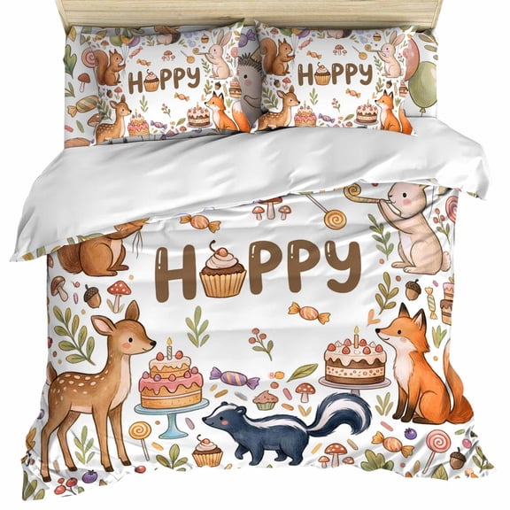 Happy Birthday Set of 4 Bedding Quilt Covers, Forest Hedgehog Rabbit Deer Cake Leaves 4-Piece Bed Sheet Set with Extra Soft Bed Sheets Quilt Cover Pillowcase, Full