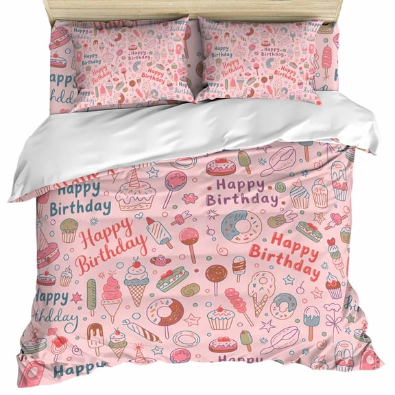 Happy Birthday Set of 4 Bedding Quilt Covers, Pink Cartoon Funny Ice Cream Donut Cakes 4-Piece Bed Sheet Set with Extra Soft Bed Sheets Quilt Cover Pillowcase, Twin