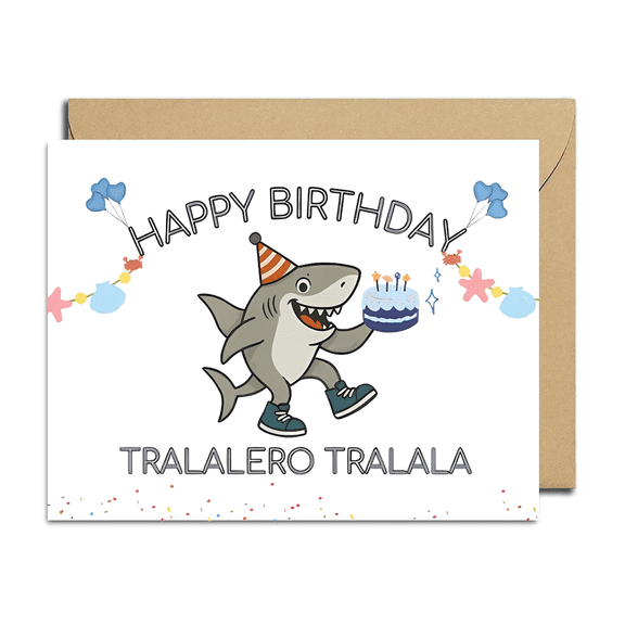 Happy Birthday Shark Card  Fun Shark Illustration with Cake  Envelope Included, Blank Inside  Perfect for Kids Birthdays, Celebration Invitations and More