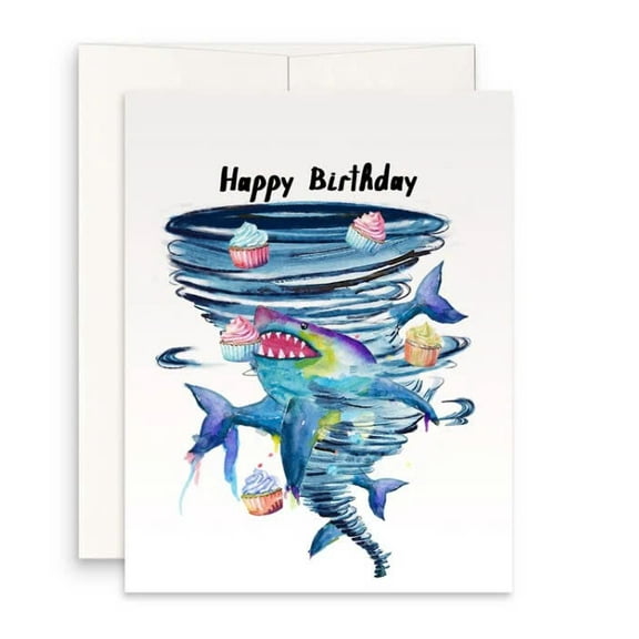Happy Birthday Shark Card  Fun Tornado Design with Cupcakes  Blank Inside for Personal Messages  Perfect Unique Greeting Card for Kids and Adults