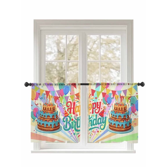 Happy Birthday Sheer Curtains 2 Panels Set Birthday Cake Ribbon Balloon Modern Lihgt Filtering Rod Pocket Voile Drape, Semi Sheer Window Curtains for Bedroom Living Room, 52"x54"