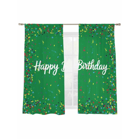Happy Birthday Sheer Curtains 2 Panels Set Color Ribbon Polka Dot Grass Green Background Sheer Window Curtains Light Filtering Rod Pocket Voile Drapes for Bedroom Living Room 52"x63"