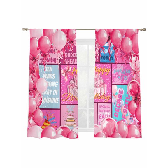 Happy Birthday Sheer Curtains 2 Panels Set Pink Gradient Balloons Cartoon Cake Gifts Sheer Window Curtains Light Filtering Rod Pocket Voile Drapes for Bedroom Living Room 52"x63"
