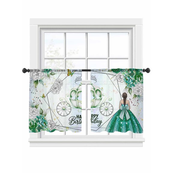 Happy Birthday Sheer Curtains 2 Panels Set Watercolor Green White Floral Butterfly Crown Carriage Sheer Window Curtains Light Filtering Rod Pocket Voile Drapes for Bedroom Living Room 52"x45"