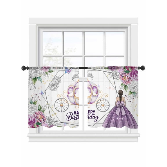 Happy Birthday Sheer Curtains 2 Panels Set Watercolor Purple Floral Butterfly Crown Carriage Sheer Window Curtains Light Filtering Rod Pocket Voile Drapes for Bedroom Living Room 52"x45"