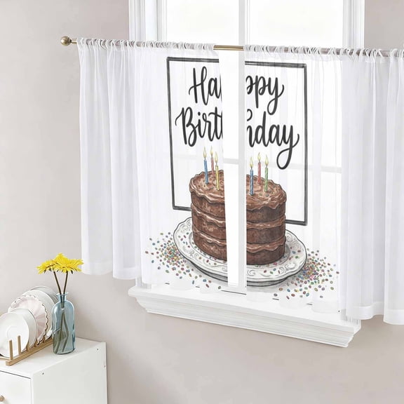 Happy Birthday Sheer Curtains 45 Inch Length 2 Panels Set, Brown Chocolate Cake Colorful Candles Voile Window Treatment Rod Pocket Small Kitchen Curtains Drapes for Bedroom 52"x45"x2