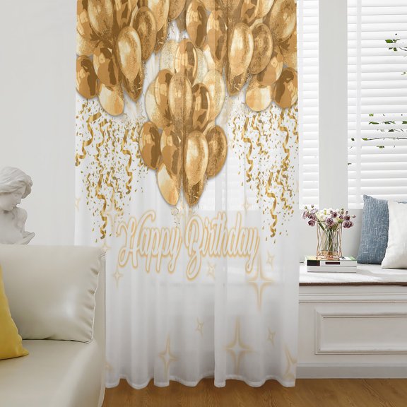 Happy Birthday Sheer Curtains 45 Inch Length, Light Filtering Voile Curtain Panel, Golden Balloons Ribbons Abstract Art Rod Pocket Drapes Window Treatments for Living Room Bedroom 52"x45"