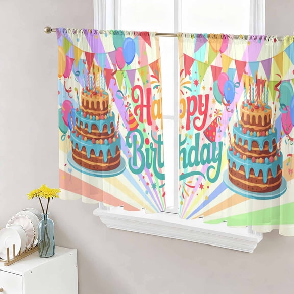 Happy Birthday Sheer Curtains 45 Inches Length 2 Panels Set, Window Sheer Curtains for Living Room/Bedroom, Colorful Balloon Ribbon Cake Light Filtering Rod Pocket Curtain 52''x45''x2