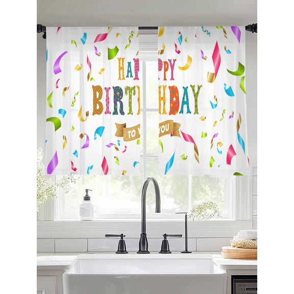 Happy Birthday Sheer Curtains 45 Inches Long 2 Panels Colorful Ribbon Cheers Celebration Light Filtering Semi Sheer Window Curtains Drapes for Bedroom Living Room 52"x45"