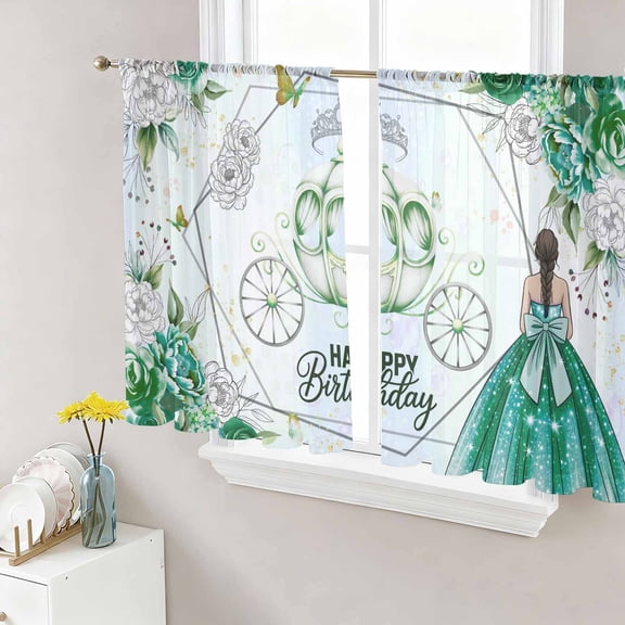 Happy Birthday Sheer Curtains 54 Inch Length 2 Panels for Living Room, Green Dress Crown Carriage Flowers Butterfly Voile Kitchen Curtain Set, Luxury Privacy Drapes Window Treatment for Bedroom