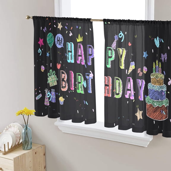 Happy Birthday Sheer Curtains 54 Inches Length 2 Panels Set, Window Sheer Curtains for Living Room/Bedroom, Birthday Gifts Cake Balloons Black Light Filtering Rod Pocket Curtain 52'' x 54'' x 2