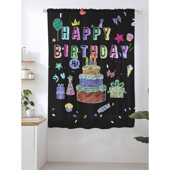 Happy Birthday Sheer Curtains 63 Inch Long 1 Panel, Cake Firwoks Black Light Filterring Curtain Drapes Rod Pocket Voile Window Curtain for Living Room Bedroom 52" x 63"