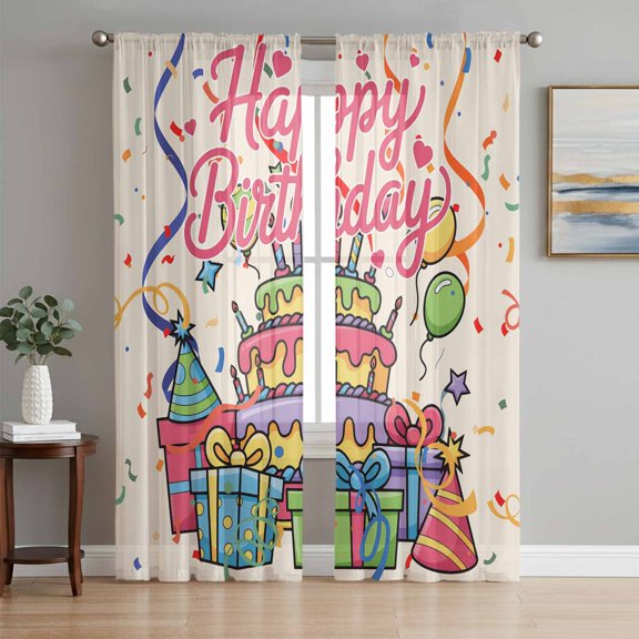 Happy Birthday Sheer Curtains 72 Inches Long 2 Panels Set, Window Sheer Curtains for Living Room/Bedroom, Ribbon Cake Balloon Cartoon Light Filtering Rod Pocket Curtain 52''x72''x2