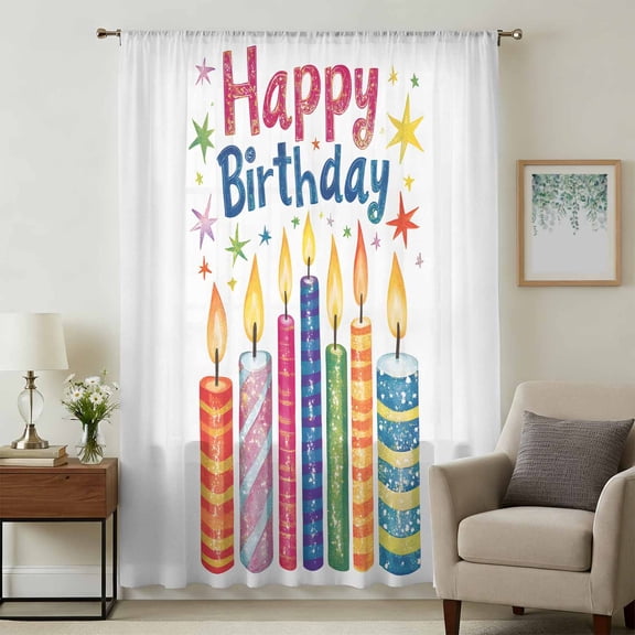 Happy Birthday Sheer Curtains 72 Inches Long, Colorful Candle Stars Light Filering Curtains, Breathable Simi Curtain Privacy Drapes for Living Room Bedroom Lightweight Window Treatment