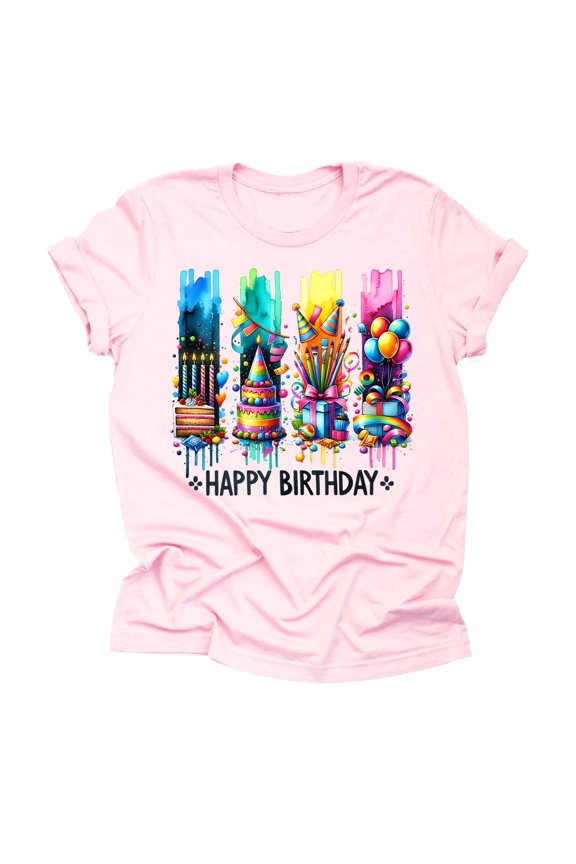 Happy Birthday Shirt, Unique Brush Stroke Design Casual Short Sleeve Shirt ( XX-Large, Light Pink)
