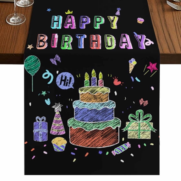 Happy Birthday Short Table Runner 36 Inches Long,Birthday Gifts Cake Balloons Black Cotton Linen Table Runners Dresser Scarves,Tabletop Scarf Furniture Cover for Home Dinner Party Decor 13"x36"