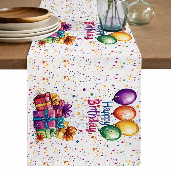 Happy Birthday Short Table Runner 36 Inches Long, Colorful Balloon Gifts Patterns Cotton Linen Table Runners Dresser Scarves, Fabric Tabletop Scarf Furniture Cover for Home Dinner Party Decor 13"x36"