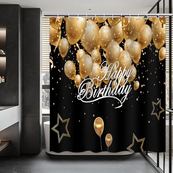Happy Birthday Shower Curtain Birthday Party Celebration Fete Day Black Backdrop and Golden Balloons Image Party Bathroom Decor Set with 12 Hooks 72x72 inches
