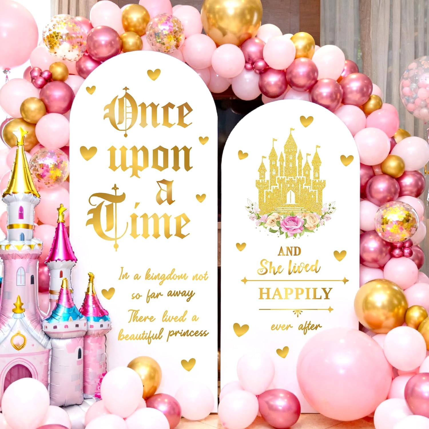 Happy Birthday Sign Sticker Once Upon a Time Decals for Backdrop Princess Birthday Party Decorations Signs for Balloon Arch Baby Girls Women Birthdays Vinyl Sticker Castle Photo Background Supplies