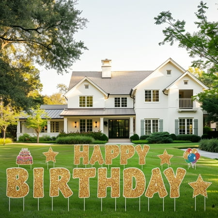 Happy Birthday Signs for Outside Yard, 18 Pieces W/ Gold Letters by PixiPy