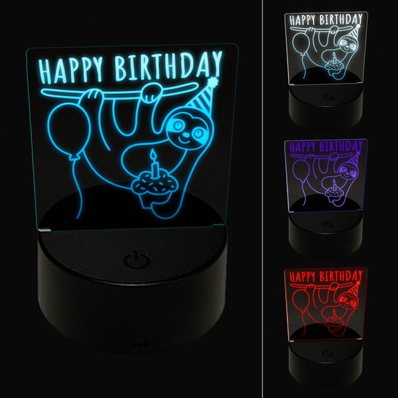 Happy Birthday Sloth with Cupcake LED Night Light Sign 3D Illusion Desk Nightstand Lamp