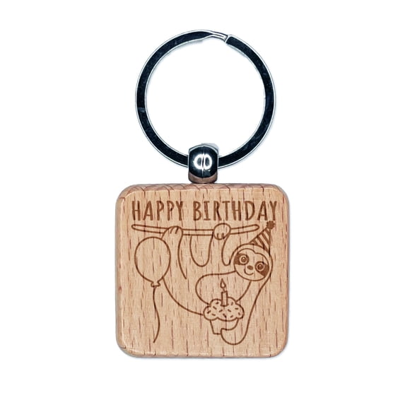 Happy Birthday Sloth with Cupcake Square Keychain Charm Tag - Engraved Wood