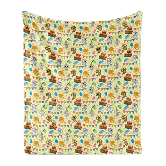 Happy Birthday Soft Flannel Fleece Throw Blanket, Cartoon Funny Cats and Party Flags with Stars Presents Cake, Cozy Plush for Indoor and Outdoor Use, 50" x 60", Pale Yellow Multicolor, by Ambesonne