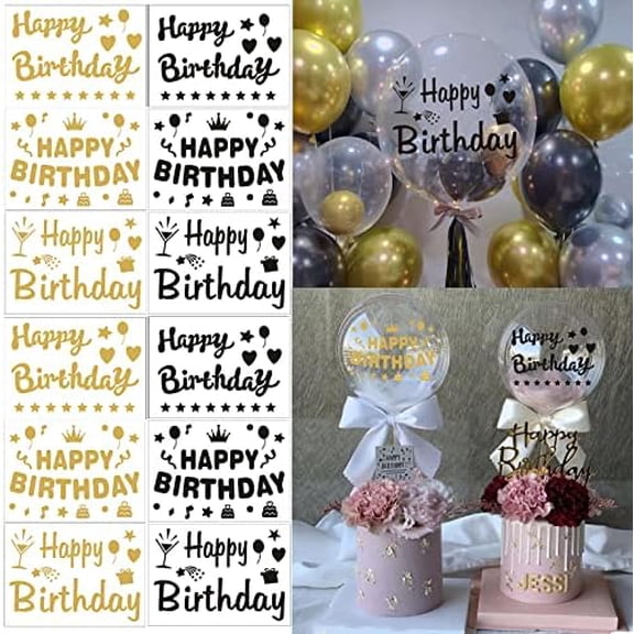 Happy Birthday Stickers for Balloons, 12 Pieces Bobo Party Balloon Stickers Gold Black Letter Decals DIY Paster Celebration Birthday Party Supplies Gift Box Decoration