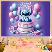 Happy Birthday Stitch & Lilo Backdrop - Party Banner with Balloons and Stars, Polyester Decoration for Classroom, Office, Photo Studio, Birthday Party Supplies, Birthday Party Decorations