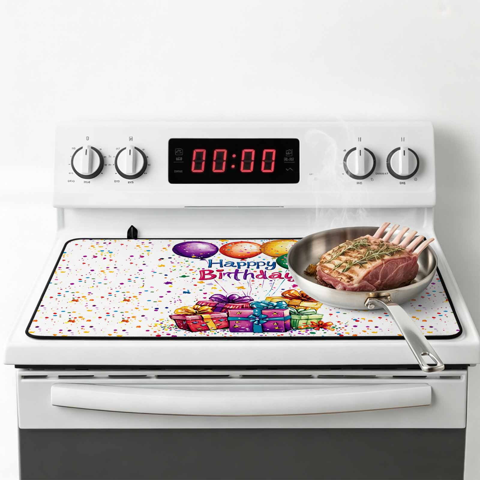 Happy Birthday Stove Top Cover for Electric Stove, Heat-proof & Non Slip Glass Top Stove Cover Protector, Colorful Balloon Gifts Patterns Kitchen Flat Cooktop Rubber Mat 24x21 Inches