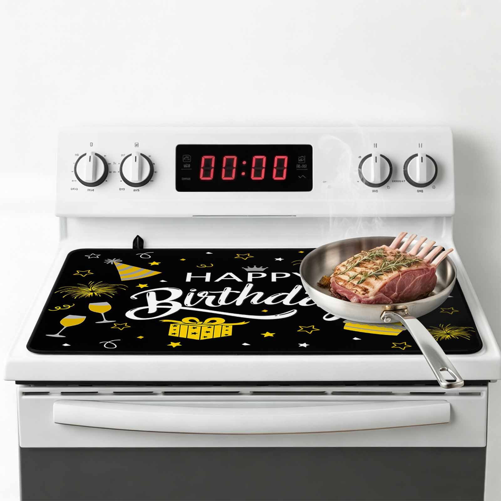 Happy Birthday Stove Top Cover for Electric Stove, Heat-proof & Non Slip Glass Top Stove Cover Protector, Yellow Cake Birthday Gifts Balloon Black Kitchen Flat Cooktop Rubber Mat 24x21 Inches