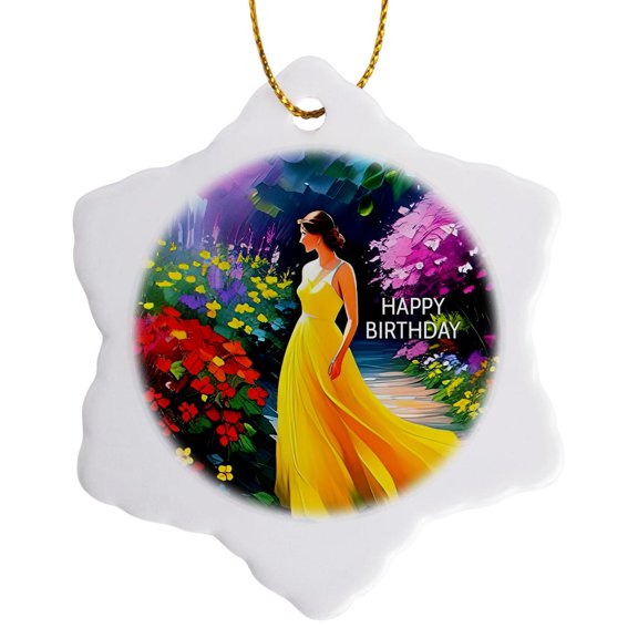 3drose, Happy Birthday. Stylish Lady in Yellow Dress in the Fantasy Garden, 3 inch Snowflake Porcelain Ornament