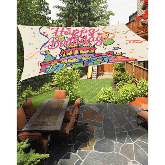 Happy Birthday Sun Sail Shades Rectangle Canopy,Sunlight Block Heavy Duty Curved Backyard Shade Cover, Ribbon Cake Balloon Cartoon Waterproof Sun Shades for Patios Garden Pergola Outdoor 6.5'x10'