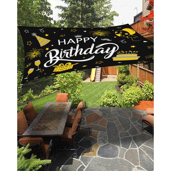Happy Birthday Sun Sail Shades Rectangle Canopy,Sunlight Block Heavy Duty Curved Backyard Shade Cover,Yellow Cake Birthday Gifts Balloon Black Waterproof Sun Shades for Patios Garden Pergola 6.5'x10'