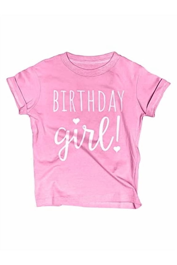 Happy Birthday Girls T-Shirt, Short Sleeve Shirt for Kids and Toddlers, Pink Heather