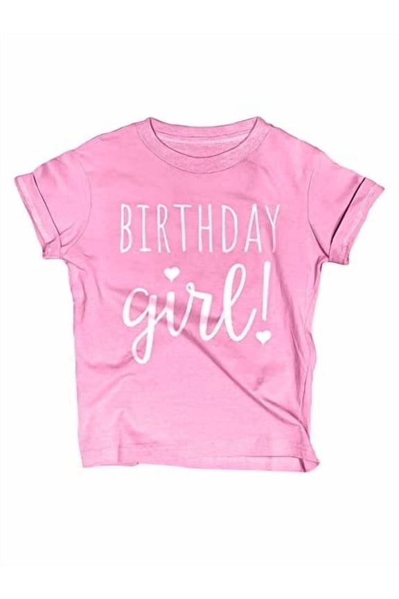 Happy Birthday Girls T-Shirt, Short Sleeve Shirt for Kids and Toddlers, Pink Heather