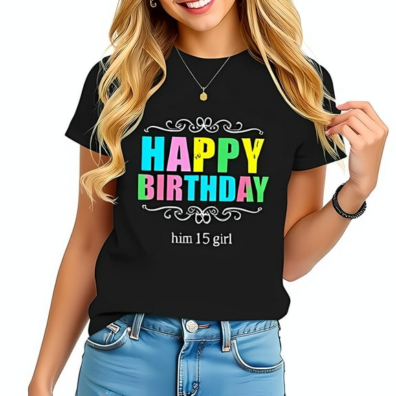 Happy Birthday T-Shirt for Girls - Pastel Design with Elegant Flourishes Casual Soft Tee for Celebrations