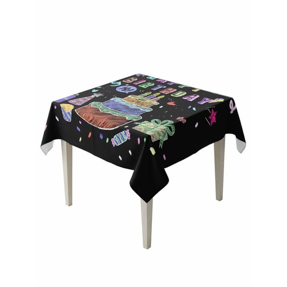 Happy Birthday Table Cloth, Birthday Gifts Cake Balloons Black Waterproof Tablecloth for Square Tables, Reusable Washable Fabric Table Cover for Restaurant Kitchen Dining Tables 54"x54"