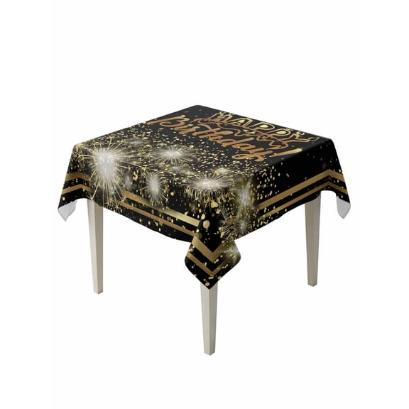 Happy Birthday Table Cloth, Luxurious Black Golden Cake Fireworks Waterproof Tablecloth for Square Tables, Reusable Washable Fabric Table Cover for Restaurant Kitchen Dining Tables 54"x54"