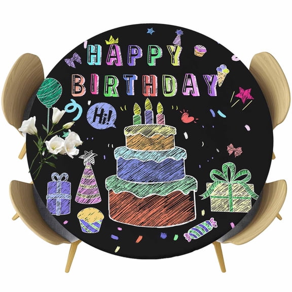 Happy Birthday Table Cloth, Round Fitted Tablecloths with Elastic Edge, Birthday Gifts Cake Balloons Black Wipeable Waterproof Table Cover for Kitchen Wedding 55-60 Inches