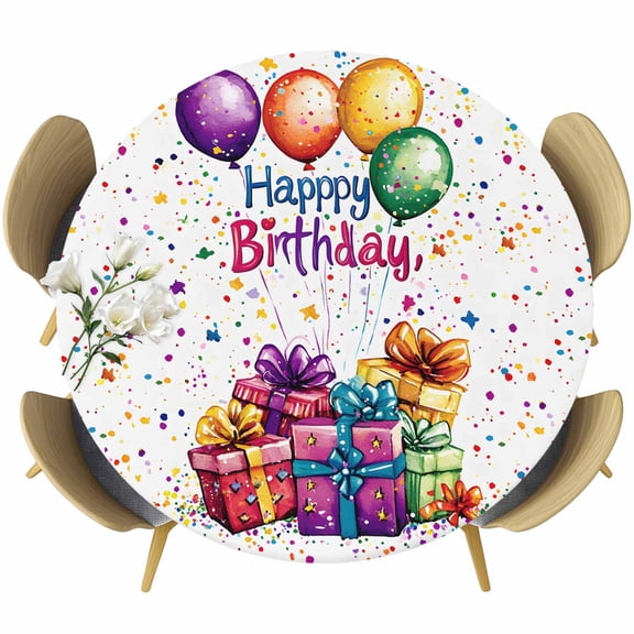 Happy Birthday Table Cloth, Round Fitted Tablecloths with Elastic Edge, Colorful Balloon Gifts Patterns Wipeable Waterproof Table Cover for Kitchen Wedding 55-60 Inches