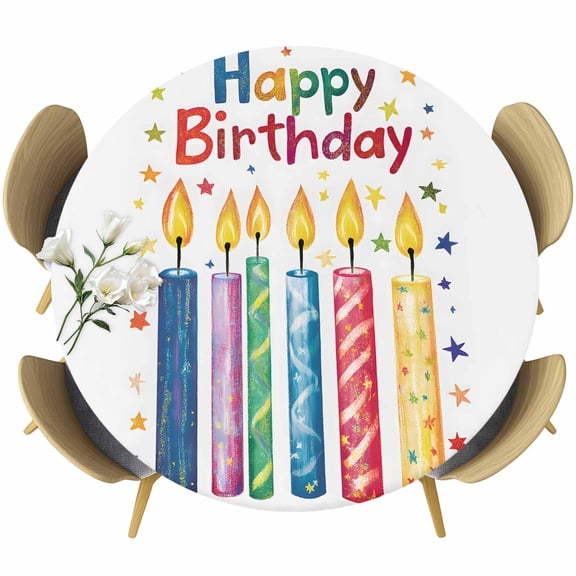 Happy Birthday Table Cloth, Round Fitted Tablecloths with Elastic Edge, Colorful Candle Star Wipeable Waterproof Table Cover for Kitchen Wedding 36-44 Inches