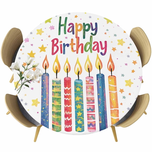 Happy Birthday Table Cloth, Round Fitted Tablecloths with Elastic Edge, Colorful Star Funny Celebration Wipeable Waterproof Table Cover for Kitchen Wedding 45-54 Inches