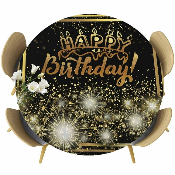 Happy Birthday Table Cloth, Round Fitted Tablecloths with Elastic Edge, Luxurious Black Golden Cake Fireworks Wipeable Waterproof Table Cover for Kitchen Wedding 36-44 Inches