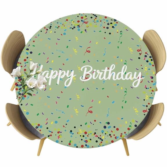 Happy Birthday Table Cloth, Round Fitted Tablecloths with Elastic Edge, Sage Green Modern Abstract Art Wipeable Waterproof Table Cover for Kitchen Wedding 36-44 Inches