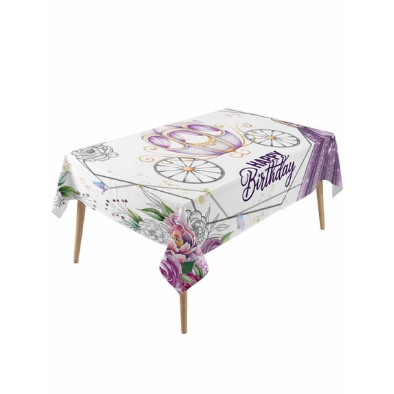 Happy Birthday Table Cloth, Waterproof Tablecloth for Rectangle Tables, Gradient Purple Dress Crown Carriage Flowers Reusable Washable Fabric Table Cover for Restaurant Kitchen Dining Tables 54"x108"