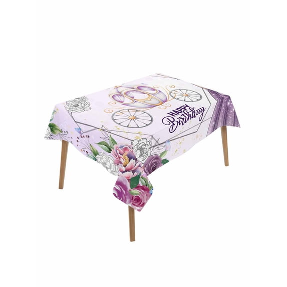 Happy Birthday Table Cloth, Waterproof Tablecloth for Rectangle Tables, Purple Luxury Dress Crown Carriage Flowers Reusable Washable Fabric Table Cover for Restaurant Kitchen Dining Tables 52"x70"