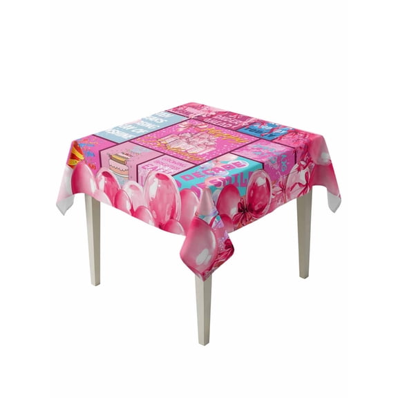 Happy Birthday Table Cloth, Waterproof Tablecloth for Square Tables, Pink Balloons Bows Polka Dot Cakes Reusable Washable Fabric Table Cover for Restaurant Kitchen Dining Tables 54"x54"